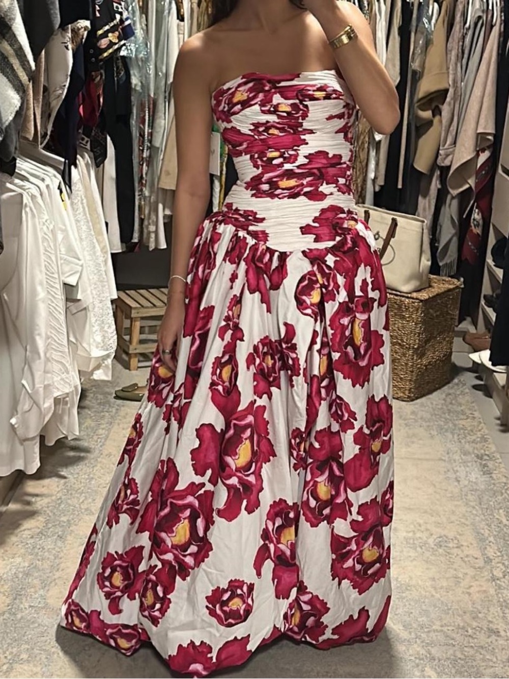 Aje Strapless White Maxi Dress with Fuchsia Floral Print